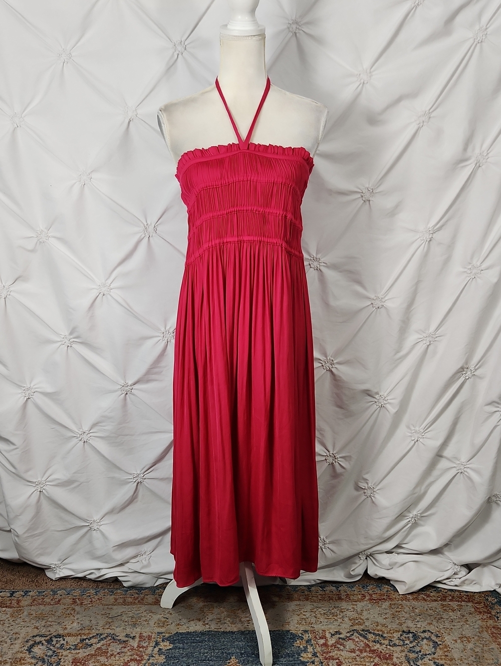 Current Air Strapless Halter Smocked Midi Dress in Fuchsia